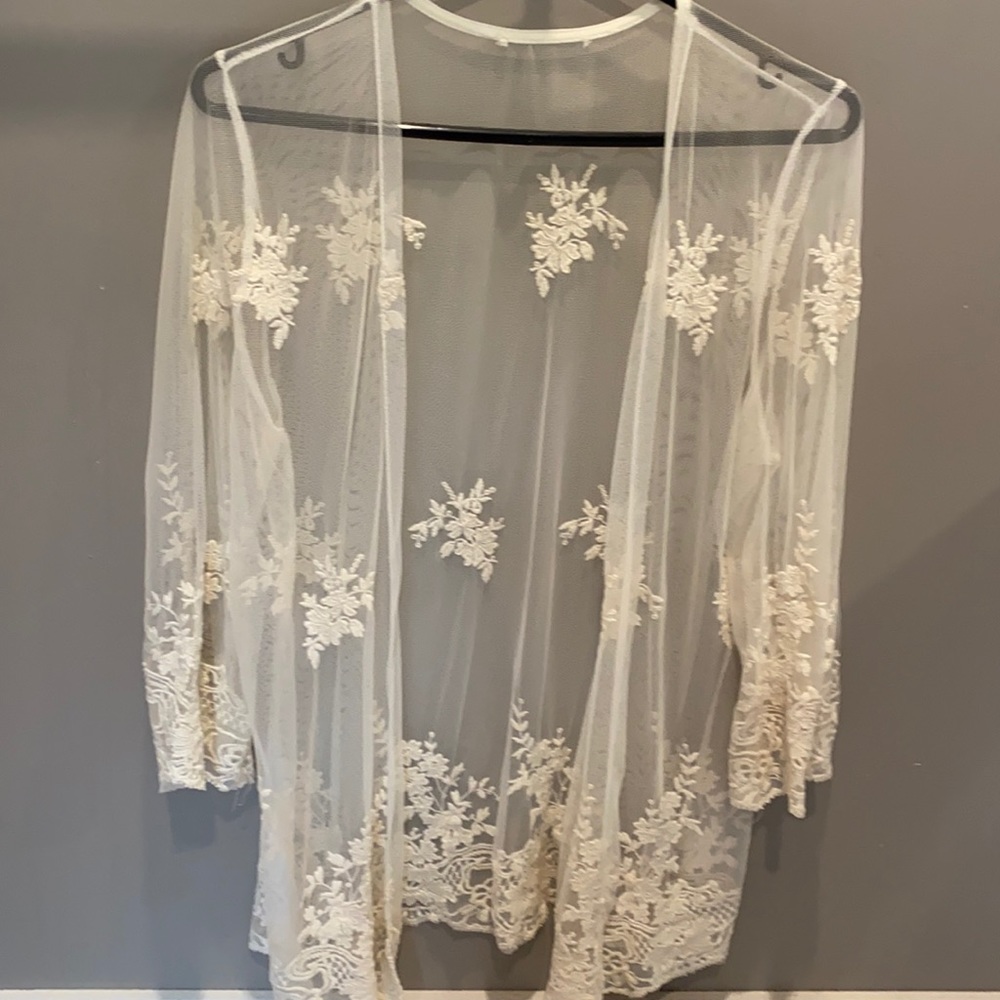 Embroidered sheer cream cardigan